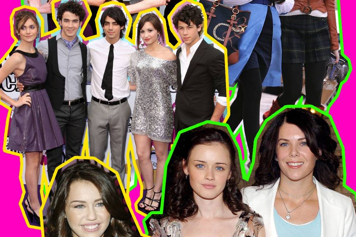 Collage featuring Miley Cyrus and the casts of Gilmore Girls, Camp Rock, Sex and The City, and Gossip Girl