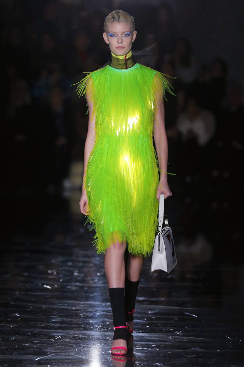 prada neon green dress Prada Lime Green Satin Shift Dress with Triangle Logo