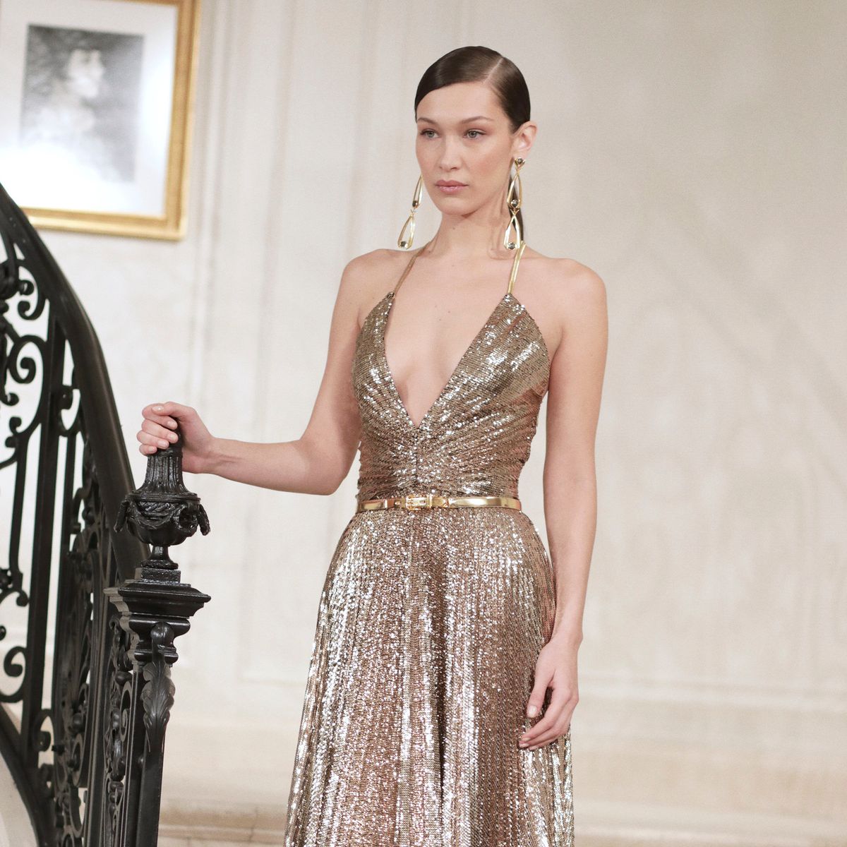 bella hadid ralph lauren gold dress Bella Hadid does Marilyn Monroe glamour at Ralph Lauren