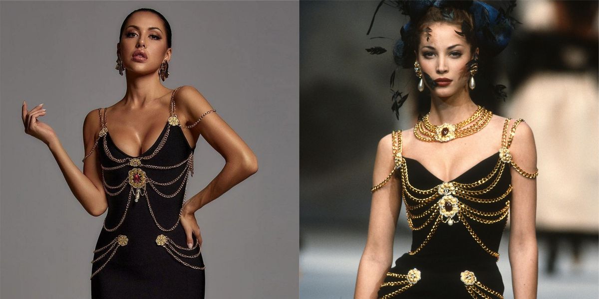 chanel black dress gold chains Chanel Black Dress with Chains